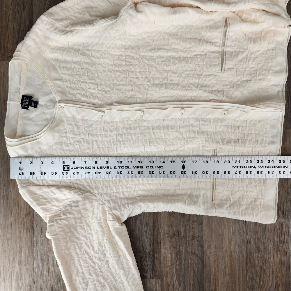 Eileen Fisher Large Cream Silk Puckered Textured Button Front Jacket Off White - Picture 5 of 6